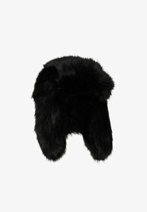 Cappello in pelliccia sintetica nera con una consistenza morbida e fluffy. Progettato per coprire le orecchie, presenta una forma rotonda e senza hardware visibile.