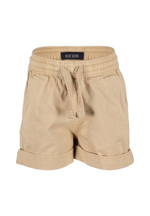 Khaki szorty z elastyczną talią, sznurkiem do zaciągania i podwiniętymi mankietami. Wykonane z miękkiego materiału, z dwiema kieszeniami po bokach.