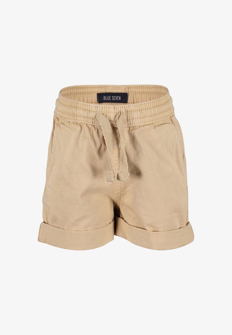 Shorts khaki avec une taille élastique, fermeture à cordon de serrage et ourlets retroussés. Fabriqués en tissu doux avec deux poches latérales.