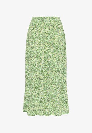 Blumiger Midi-Rock mit grünem und gelbem Muster, elastischem Bund, fließendem Design und leichtem Stoff, geeignet für lässige Anlässe.