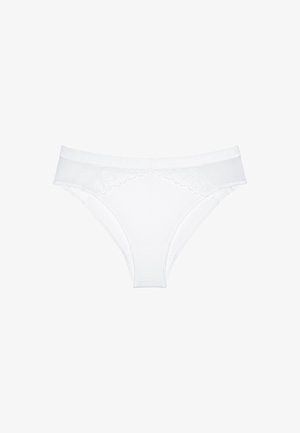 Witte bikini-stijl onderbroek voor vrouwen met subtiele kanten details aan de zijkanten, tegen een effen witte achtergrond.