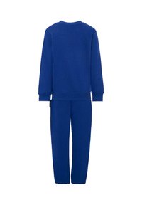 Niebieski dres bawełniany z długim rękawem i okrągłym dekoltem oraz dopasowanymi spodniami z elastycznymi mankietami. Gładka tekstura, prosty design.