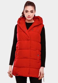 Red padded vest with a hood, featuring a quilted design, two side pockets, and snap button closure. Fabric has a smooth, shiny texture.