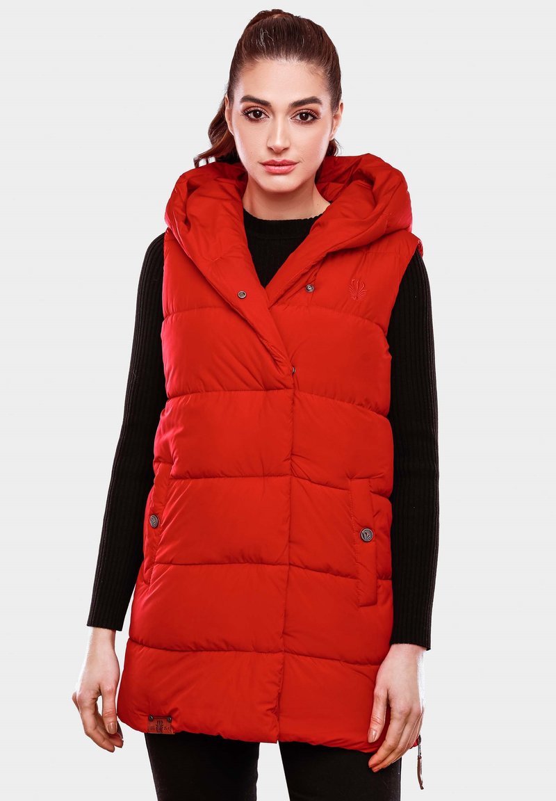 Red padded vest with a hood, featuring a quilted design, two side pockets, and snap button closure. Fabric has a smooth, shiny texture.