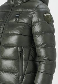 Doudoune verte avec une finition brillante, dotée d'une fermeture éclair à l'avant, d'une poche latérale et d'un patch de marque sur la manche. Conception isolée, avec capuche.