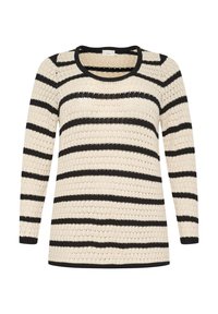 Pull en maille à col rond, avec des rayures horizontales alternant noir et crème. Manches longues avec poignets côtelés. Texture légère.