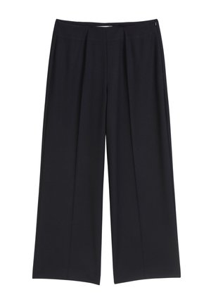 Pantaloni neri a gamba larga in tessuto morbido, con vita arricciata e una cerniera laterale discreta per la chiusura.