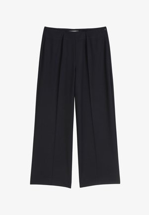 Black wide-leg trousers with a smooth fabric, featuring a waistband with pleats, and a discreet side zipper for closure.