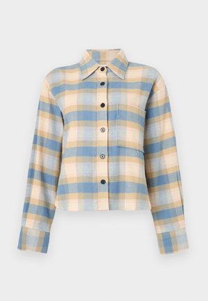 Camisa de cuadros con un cuello estructurado, que presenta patrones de cuadros en azul, beige y rosa, de manga larga y con botones negros en el frente.