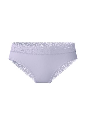 Lila ondergoed met een glad lichaam en een kanten tailleband met bloemenpatronen. Het elastische materiaal zorgt voor een comfortabele pasvorm.