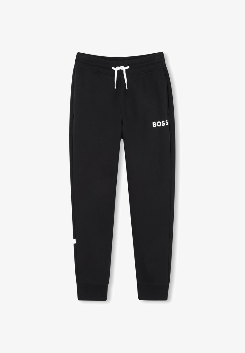 Pantalon de jogging noir avec cordon blanc et logo "BOSS" sur la partie supérieure de la cuisse gauche, avec poches latérales et chevilles côtelées.