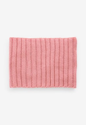 Rosa gestrickter Stoff in einem gerippten Muster, rechteckige Form. Keine sichtbaren Muster oder Beschläge, weiches Erscheinungsbild mit einer leicht lockeren Webart.