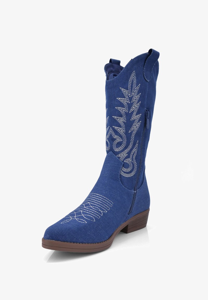 Blauwe cowboylaars met een puntige neus, van stoffen materiaal, gestikte details en een zijrits. Opmerkelijk decoratief borduurpatroon op de schacht.