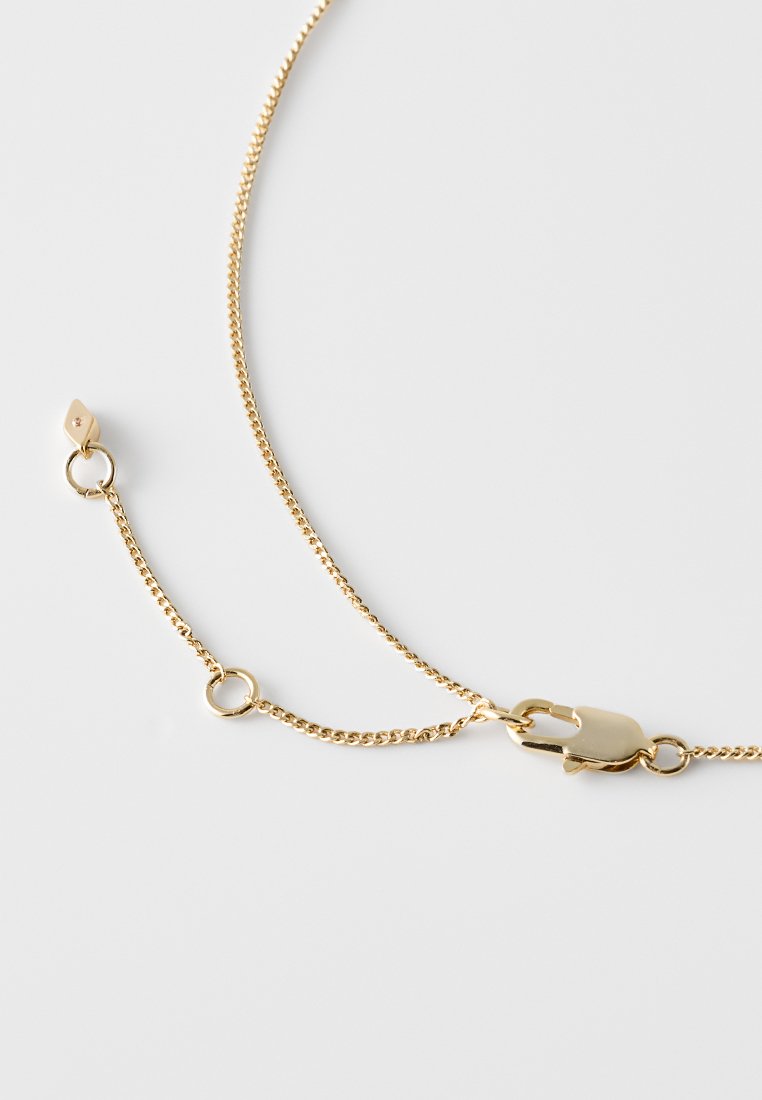 Collana in oro con link delicati, dotata di gancio a moschettone e anello aggiuntivo per la regolazione della lunghezza. Texture liscia e lucida.