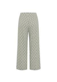 Culottes in light green fabric featuring a geometric pattern. Wide leg design with a cropped length and elastic waistband. Textured finish.
