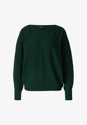 Pull femme à manches longues vert foncé avec encolure bateau et poignets côtelés, présentant des coutures décoratives verticales sur le devant.