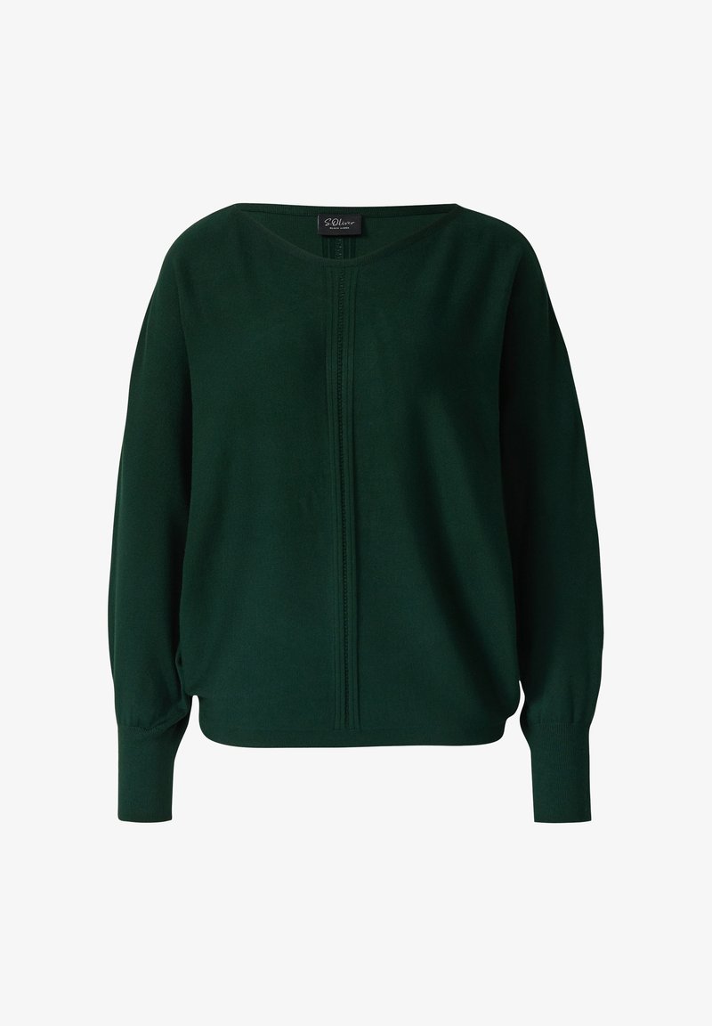 Pull femme à manches longues vert foncé avec encolure bateau et poignets côtelés, présentant des coutures décoratives verticales sur le devant.