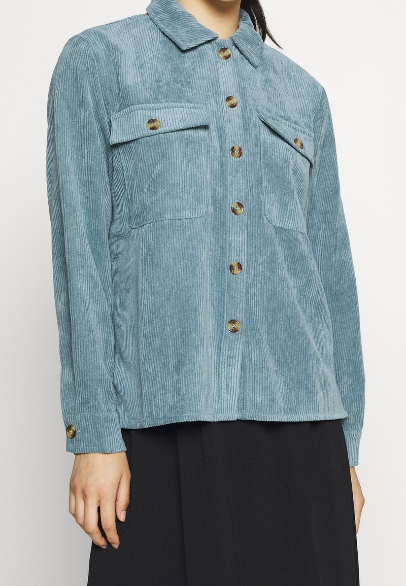 Ljusblå kordjakett med krage, två bröstfickor och bruna knappar; textil med vertikala ribbor.