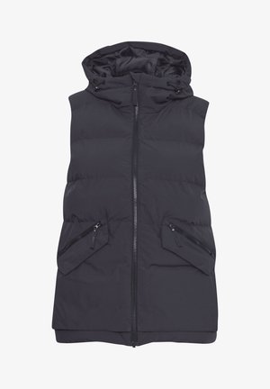 Černá péřová vesta s kapucí, s plným předním zipem, dvěma zipovými kapsami a prošívanou strukturou. Bez rukávů.