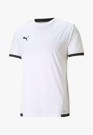 T-shirt bianco a maniche corte con dettagli neri sul colletto e sulle maniche. Presenta un logo Puma nero sulla parte anteriore, realizzato in materiale traspirante.
