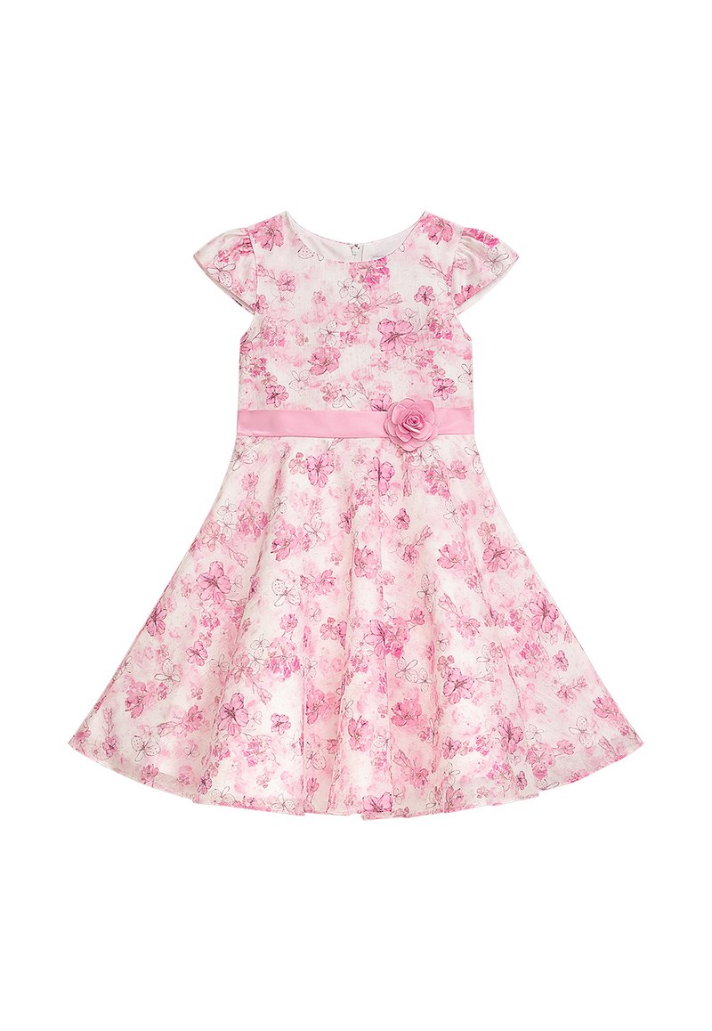 Florales Kleid in Hellrosa mit kurzen Ärmeln. Verfügt über einen rosafarbenen Taillenbund und ein Stoffrosen-Detail. Das Material ist leicht und der Rock ist ausgestaltet.