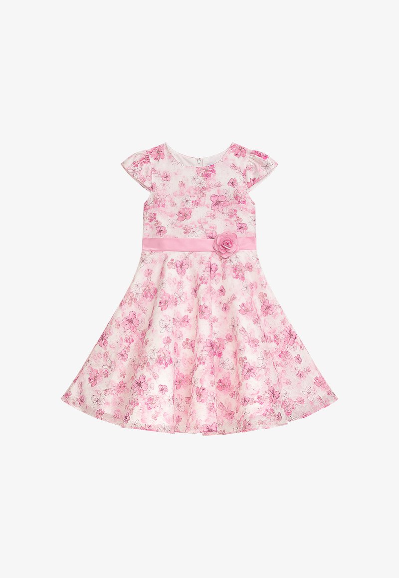 Florales Kleid in Hellrosa mit kurzen Ärmeln. Verfügt über einen rosafarbenen Taillenbund und ein Stoffrosen-Detail. Das Material ist leicht und der Rock ist ausgestaltet.