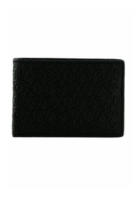 Portefeuille en cuir noir avec motif "HUGO" embossé, forme rectangulaire, texture lisse, bords nets, sans pièces métalliques visibles ni accents.