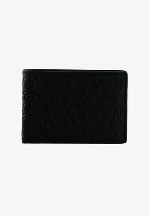 Portefeuille en cuir noir avec motif "HUGO" embossé, forme rectangulaire, texture lisse, bords nets, sans pièces métalliques visibles ni accents.