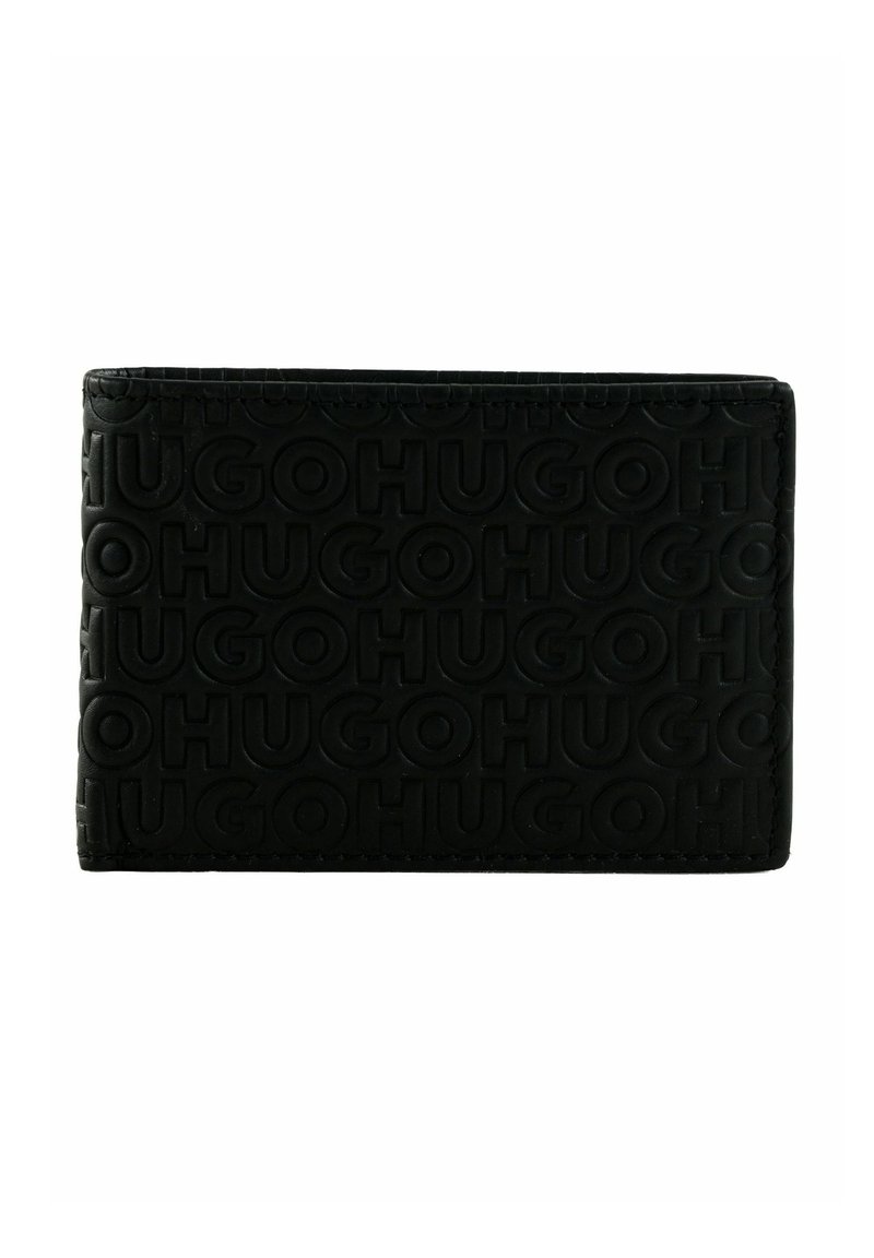Portefeuille en cuir noir avec motif "HUGO" embossé, forme rectangulaire, texture lisse, bords nets, sans pièces métalliques visibles ni accents.