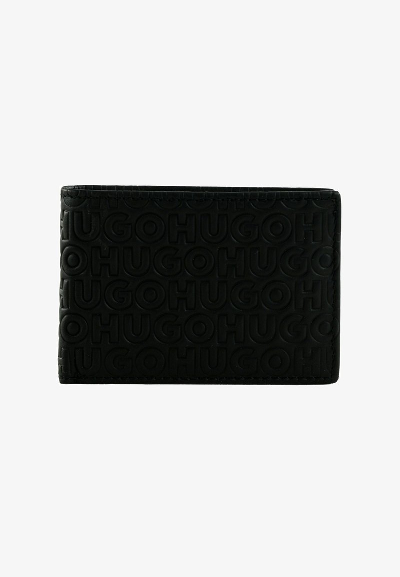Portefeuille en cuir noir avec motif "HUGO" embossé, forme rectangulaire, texture lisse, bords nets, sans pièces métalliques visibles ni accents.