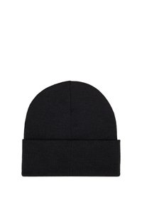 Black knit beanie hat with a soft texture. Features a rounded top and a wide folded cuff. Simple design, no visible patterns or accents.