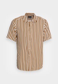 Korte mouwen shirt met brown en witte verticale strepen, knoopsluiting, kraag en gladde stof. Heeft gelijkmatige verdeling van de strepen.