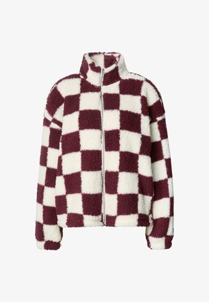 Checkered fleece jacket with a high collar, featuring alternating burgundy and cream squares, zip closure, and soft, textured fabric.