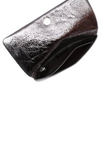 Black metallic clutch bag with a crinkled texture, snap closure, and an interior zipper pocket. Compact design, sleek shape.