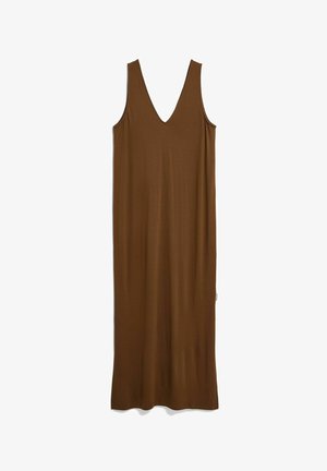 Sleeveless brown midi dress with deep V-neck and straight cut, made of soft, smooth fabric, shown flat on white background.