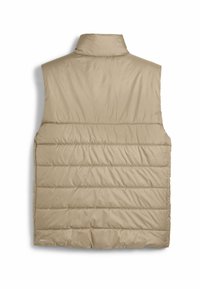 Beige, ujjatlan puffervest magas gallérral. Jellemzői a varrott vízszintes díszek és a sima, fényes felület. Könnyű kivitel.