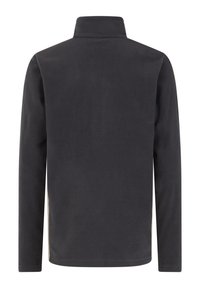 Fleece-Pullover, dunkelgrau, hoher Kragen, lange Ärmel, weiche Textur, keine sichtbaren Beschläge oder Muster, glatte Oberfläche.