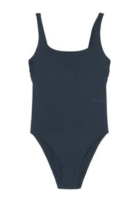 Maillot de bain une pièce bleu marine avec des bretelles fines, au design minimaliste et à jambe haute. Présente un petit logo imprimé sur le côté.