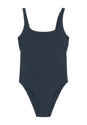Maillot de bain une pièce bleu marine avec des bretelles fines, au design minimaliste et à jambe haute. Présente un petit logo imprimé sur le côté.