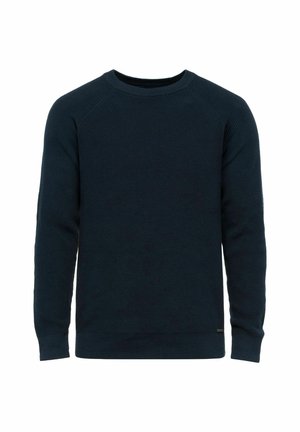 Granatowy sweter dziany z okrągłym dekoltem, prążkowaną teksturą, długimi rękawami oraz ściągaczami przy mankietach i dole. Posiada bezszwowy design ramion.