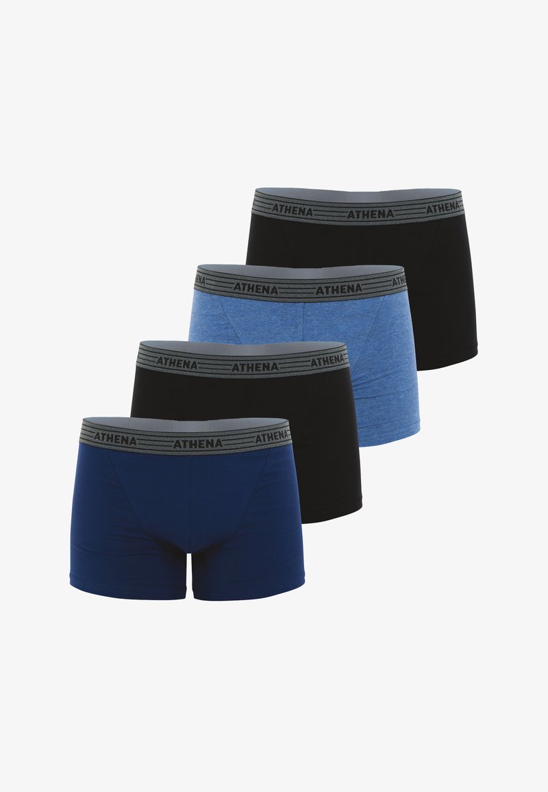 Shorts pour hommes en bleu marine, noir et bleu, fabriqués en tissu doux, avec une taille grise portant le logo "ATHENA". Ensemble de quatre.