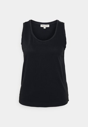 Czarny bezrękawnik wykonany z miękkiego materiału, z okrągłym dekoltem i luźnym krojem ze prostym dołem. Minimalistyczny design, bez wzorów.