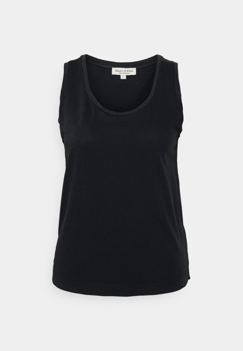 Canotta nera senza maniche in tessuto morbido, con scollo tondo e vestibilità comoda con orlo dritto. Design minimale, senza motivi.