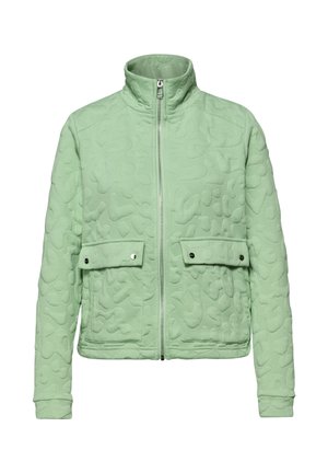 Lys grøn quiltet jakke med lynlås foran, høj krave og to lommer med klap og trykknapper ved taljen.