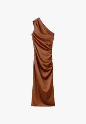 One-shoulder, brown satin dress with draped texture and gathering on one side, creating a form-fitting silhouette. Long length design.