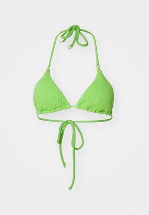 Green crochet bikini top with triangular cups, adjustable neck and back ties, featuring a textured pattern and gold metal accents.