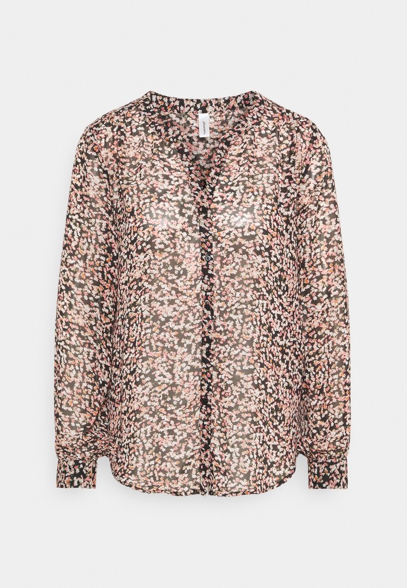 Blouse noire transparente avec un motif floral en rose et blanc, boutonnée à l'avant, manches longues et coupe décontractée. Texture douce et légère.