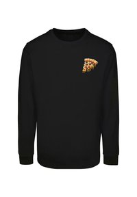 Schwarzes Langarmshirt mit einem bunten Pizza-Graphic auf der linken Brustseite. Hergestellt aus weichem Stoff mit gerippten Bündchen.