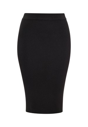 Gonna a tubino nera a coste con design aderente, texture liscia e vita elasticizzata, ideale per opzioni di stile versatili.