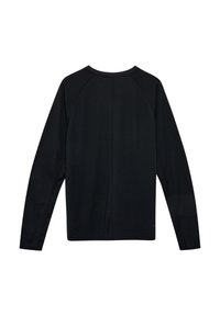 Czarna koszula z długim rękawem wykonana z textured tkaniny. Posiada rękawy raglanowe i okrągły dekolt z bezszwowym przeszyciem z tyłu.